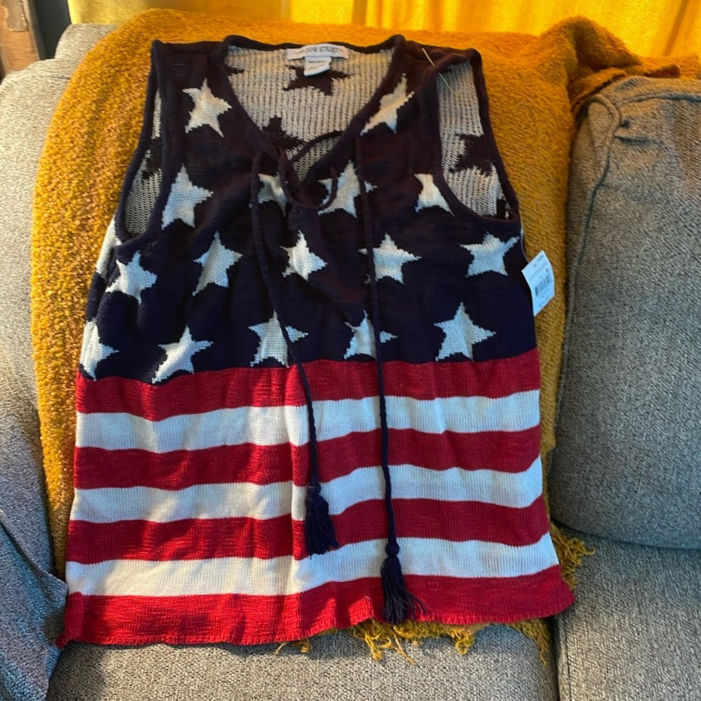 American Flag Knit TANK TOP sweater  V Neck Hang Ties STARS STRIPE RED white BLU